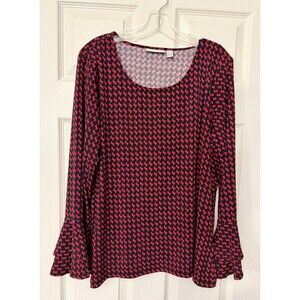 MINT Susan Graver red black Houndstooth Bell Sleeve Shirt Top Womens LARGE